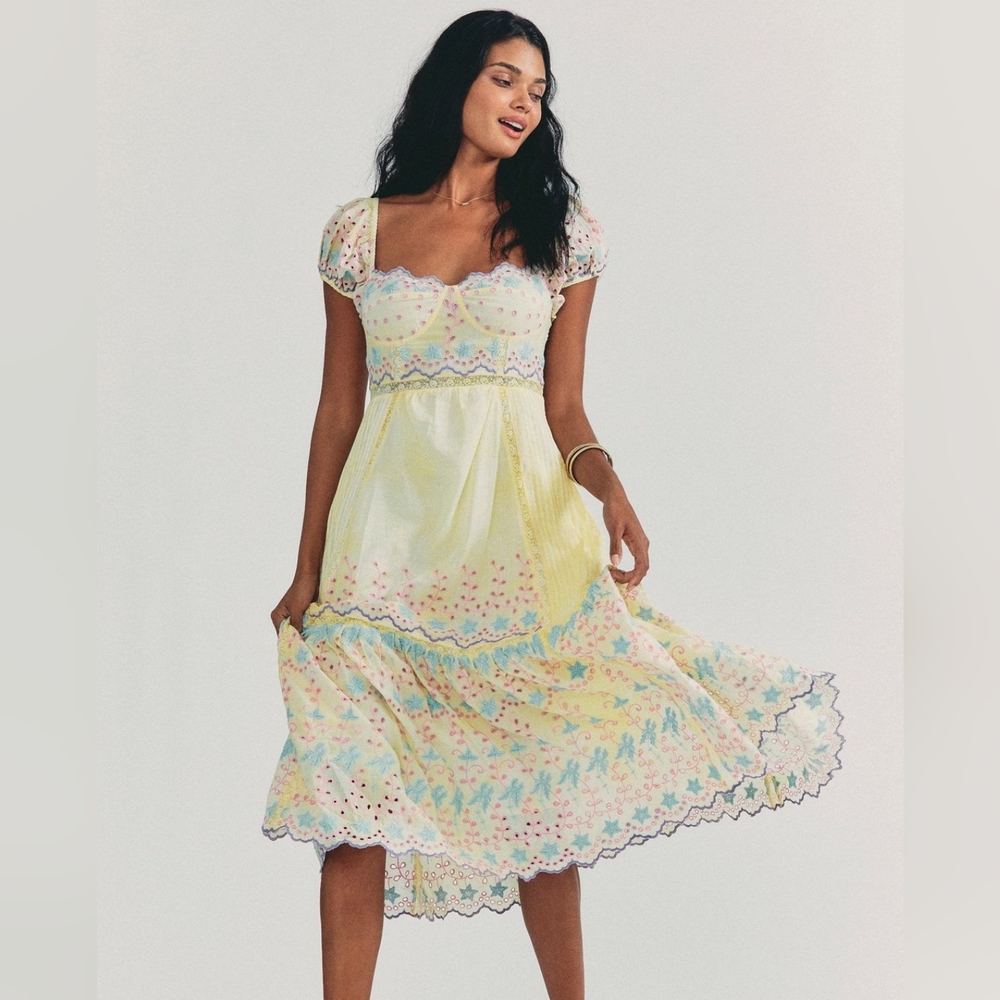 $575 🎀 LoveShackFancy Magena Crocheted Broderie Anglaise Embroidered Dress 0